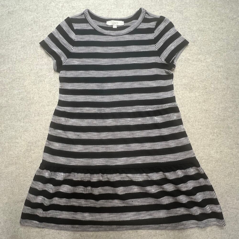 LOFT Petite Striped Knit‎ Dress Black White Casual Short Sleeve A-Line Size MP